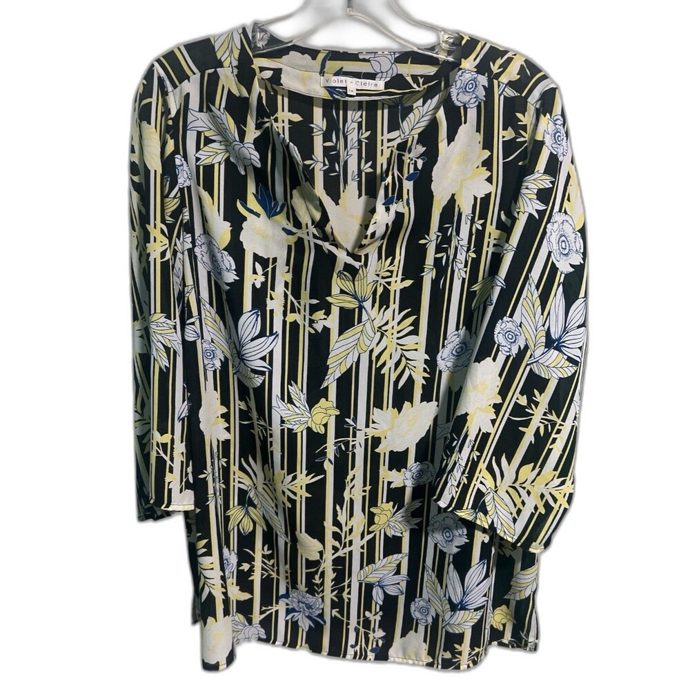 Violet & Claire Blouse Women’s 1X Black Top Floral Chiffon V-Neck Tunic